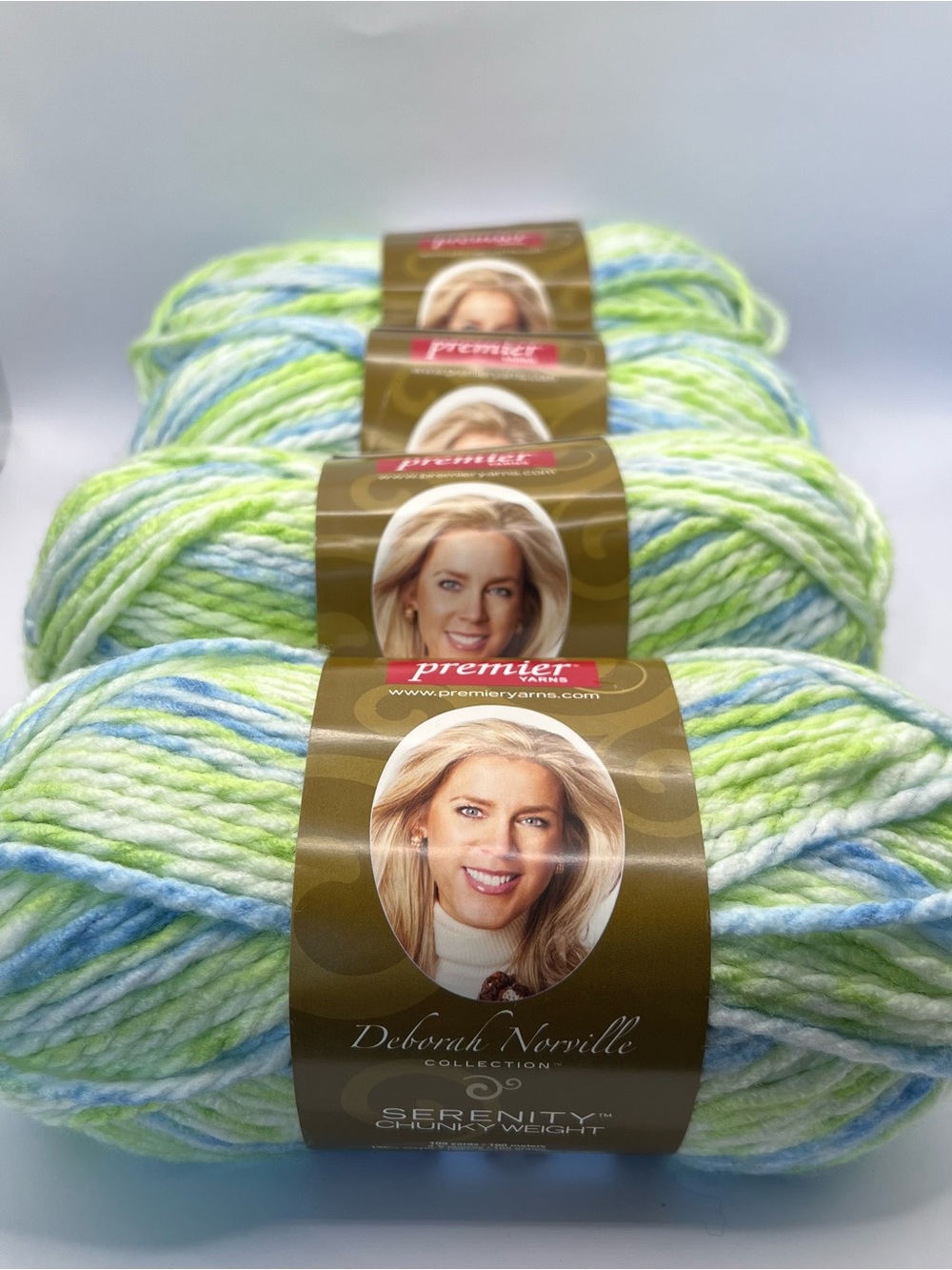 Lot of 4 skeins Premier Serenity Chunky Weight - Blue, Green, White Variegated